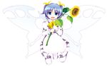  :d ascot blue_eyes blue_hair dress fairy fairy_wings flower hair_ribbon highres looking_at_viewer open_mouth ribbon short_twintails simple_background smile solo sunflower sunflower_fairy touhou tsubasa_(abchipika) twintails white white_background white_dress wings 