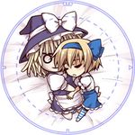  alice_margatroid alice_margatroid_(pc-98) blue_skirt bow character_doll chibi closed_eyes doll frilled_skirt frills hair_ribbon hat hat_bow hug kirisame_marisa lowres medium_skirt ribbon skirt solo striped striped_legwear thighhighs touhou touhou_(pc-98) urara_(ckt) witch_hat 