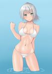  bikini blue_background blush contrapposto cowboy_shot green_eyes muffin_(sirumeria) navel original ponytail shiny shiny_skin short_hair silver_hair smile solo standing strap_gap swimsuit wading water white_bikini 