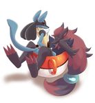  claws green_eyes hi_res looking_at_viewer looking_back looking_over_shoulder lucario lying nintendo nude open_mouth plain_background pok&#233;ball pok&#233;mon pok&eacute;ball pok&eacute;mon r0ckya red_eyes sitting video_games zoroark 