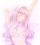  areola_slip areolae armpits bangs banned_artist blunt_bangs breasts closed_eyes hair_censor hair_over_breasts idolmaster idolmaster_(classic) long_hair nigiriushi nude pink_hair shijou_takane small_breasts solo stretch upper_body 