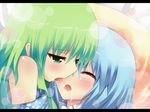  bad_id bad_pixiv_id blue_hair blush closed_eyes detached_sleeves green_eyes green_hair kochiya_sanae letterboxed long_hair multiple_girls open_mouth saliva shinekalta short_hair tatara_kogasa tears tongue touhou yuri 