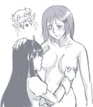  age_difference akemi_homura aoi-tama blood breast_sucking breasts chibi chibi_inset fingering greyscale kaname_junko kaname_madoka large_breasts long_hair mahou_shoujo_madoka_magica monochrome multiple_girls nipples nude short_hair spoilers ultimate_madoka yuri 