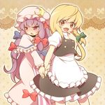  :&lt; apron azuma_takeshi_(andon_kandelaar) black_skirt blonde_hair blush braid capelet crescent dress fang finger_to_mouth hair_ribbon hat heart heart-shaped_pupils holding_hands kirisame_marisa long_hair medium_skirt multiple_girls open_mouth patchouli_knowledge petticoat pink_dress purple_eyes purple_hair ribbon shirt skirt smile star star-shaped_pupils symbol-shaped_pupils touhou yellow_eyes yuri 