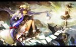  apron blonde_hair blue_eyes book bookmark bow breasts hair_bow hair_ribbon hat kirisame_marisa ldld2 legs long_hair looking_at_viewer medium_breasts multiple_girls open_book paper patchouli_knowledge purple_hair ribbon sitting socks thighhighs touhou very_long_hair white_legwear witch_hat yellow_eyes 