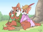  anthro arrow barefoot belt bottomless canine claws clothed clothing disney duo eye_contact feather female flower fox grass half-dressed hat hind kuroi_wolf maid_marian male mammal outside paws robin_hood robin_hood_(disney) scenery soles tail tail_petting toe_claws toes tree tunic wood 