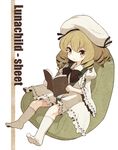  :&lt; blonde_hair book bow bowtie child child_safety_seat dress drill_hair hat holding holding_book luna_child reading ribbon_trim seatbelt short_hair sitting socks solo touhou urin white_dress yellow_eyes 
