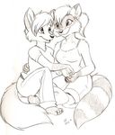  black_and_white canine clothing couple cute dingbat eye_contact female fox interspecies lesbian looking_at_each_other mammal monochrome pants piercing plain_background plantigrade raccoon shorts sitting smile white_background 