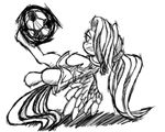  female fluttershy_(mlp) friendship_is_magic hair hasbro horse kick kicking long_hair mammal monochrome my_little_pony plain_background pony soccer solo sport white_background wings 