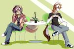  canine chair clothing coffee collar cup dog duo ear_piercing earring flower girly hair jacket jeans kohi kukki long_tail male mammal multi-colored_hair nataly-b necklace pants piercing plate shoes spots table tail wolf 