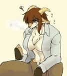  angry anthro big_breasts breasts cervine cigarette deer female fingerless_gloves gloves horn japanese_text kemono kumainu mammal scar solo sweat text 