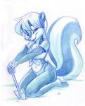  bikini clothed clothing cute dingbat female kneeling looking_at_viewer mammal monochrome naughty_face plain_background plantigrade sandy shovel skimpy skunk smile solo swimsuit tied_shirt white_background 