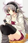  :o black_legwear breasts buttons candy cellphone cleavage collarbone copyright_request food headphones hood hoodie jewelry long_hair looking_at_viewer medium_breasts necklace open_mouth phone pillow saeki_hokuto shorts silver_hair sitting solo sweater thighhighs very_long_hair yellow_eyes 
