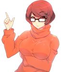  :3 bad_deviantart_id bad_id bangs blush breast_hold breasts eyebrows eyebrows_visible_through_hair fingernails freckles glasses grin hands large_breasts long_fingernails long_sleeves naso4 orange_shirt parted_lips pointing pointing_up red_eyes red_hair scooby-doo shirt simple_background smile solo sweater swept_bangs taut_clothes taut_shirt turtleneck upper_body velma_dace_dinkley white_background 