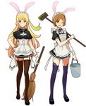  ;d animal_ears apron blonde_hair broom brown_hair brown_legwear bucket bunny_ears corset dress frills full_body green_eyes hand_on_hip lace leia_rolando long_hair maid milla_maxwell mop multiple_girls one_eye_closed open_mouth purple_eyes purple_legwear short_hair smile tales_of_(series) tales_of_xillia thighhighs wrist_cuffs yoshi_92 zettai_ryouiki 