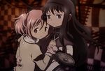  akemi_homura anime_coloring black_hair bow cropped flauschtraut hair_bow hairband hand_on_another's_chest hug kaname_madoka long_hair looking_back magical_girl mahou_shoujo_madoka_magica multiple_girls official_style pink_eyes pink_hair purple_eyes school_uniform shield short_hair short_twintails soul_gem twintails yuri 
