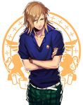  bad_id bad_pixiv_id blue_eyes brown_hair crossed_arms fujiwara jinguuji_ren long_hair male_focus pants plaid plaid_pants sketch smile solo uta_no_prince-sama 