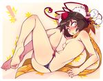  :&lt;&gt; arm_up ass bare_legs barefoot black_hair blush breasts embarrassed face fan feet full_body hat hauchiwa leaf-pattern_stripe legs looking_at_viewer nipples panties red_eyes scarf shameimaru_aya short_hair side-tie_panties simple_background small_breasts soles solo taketora_suzume thong toes tokin_hat topless touhou underwear underwear_only 