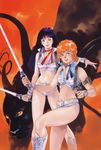  80s animal armlet black_hair black_panther blade boots bracelet breasts cat choker cleavage dirty_pair gloves jewelry kei_(dirty_pair) knee_boots long_hair medium_breasts midriff multiple_girls navel official_art oldschool orange_hair panther short_hair thigh_strap waterpaint weapon yasuhiko_yoshikazu yuri_(dirty_pair) 