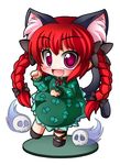  animal_ears braid cat_ears cat_tail chibi dress fang faux_figurine fire flame floating_skull green_dress hair_ribbon kaenbyou_rin multiple_tails nekomata open_mouth paw_pose purple_eyes red_hair ribbon shinjitsu simple_background skull smile solo tail touhou twin_braids white_background 