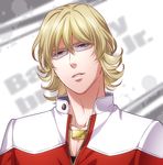  bad_id bad_pixiv_id barnaby_brooks_jr blonde_hair glasses green_eyes jacket jewelry kuren male_focus necklace red_jacket solo tiger_&amp;_bunny 