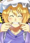  blonde_hair blush closed_eyes face grin hat mossari_poteto mouth_pull short_hair smile solo touhou yakumo_ran 