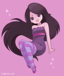  adventure_time bare_shoulders black_hair drawr dress fangs harumaru-shi long_hair looking_at_viewer marceline_abadeer open_mouth pantyhose purple_background purple_eyes simple_background smile solo striped striped_legwear vampire very_long_hair 