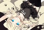  :&lt; animal_ears arms_up black_legwear blonde_hair blue_eyes blush braid cat_ears cat_tail dress flat_chest hair_over_shoulder jitome kurasuke long_hair lying on_back original paw_print solo tail thighhighs twin_braids upside-down zettai_ryouiki 