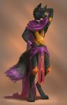  2018 akineza anthro barefoot black_fur black_nose canine digital_media_(artwork) digitigrade fur male mammal purple_eyes simple_background solo standing wolf 