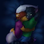  bear bed black_hair candy_(artist) couple cuddle cuddling duo feline female green_eyes hair interspecies male mammal pillow red_hair romantic tongue tongue_out whiskers yellow_eyes 