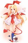  :d bare_legs bat_wings blonde_hair bow covered_navel creature cupen demon_tail disgaea earrings fang flonne flonne_(fallen_angel) full_body hair_ribbon heart highres jewelry leotard long_hair makai_senki_disgaea open_mouth pointy_ears prinny red_eyes red_leotard red_wings ribbon shoes smile standing standing_on_one_leg tail tail_bow wings 