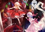  ascot bat_wings blonde_hair blue_hair dress flandre_scarlet flying hat lindy_(pclo) multiple_girls red_eyes remilia_scarlet ribbon siblings sisters thorns touhou window wings 