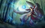  ahri black_hair breasts cleavage detached_sleeves fox kienan_lafferty korean_clothes league_of_legends long_hair medium_breasts moon multiple_tails official_art solo tail 
