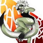  bonnii breasts claws clothed clothing dress female hair looking_at_viewer open_mouth pinup plain_background pose reptile scalie solo spots tongue white_background white_hair 