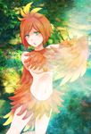  acer_k banjo-kazooie blush breasts feathers forest green_eyes head_tilt highres kazooie_(banjo-kazooie) leaf looking_at_viewer medium_breasts miniskirt nature navel orange_hair orange_skirt outdoors personification photo_background red_hair short_hair skirt solo standing underboob wings 