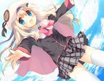  :d blonde_hair blue_eyes blush bow cape cloud dutch_angle grey_skirt hat kinoko little_busters! long_hair looking_at_viewer miniskirt noumi_kudryavka open_mouth outstretched_arms pink_bow plaid plaid_skirt pleated_skirt school_uniform skirt sky smile solo thighhighs white_legwear zettai_ryouiki 