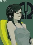  bare_shoulders black_hair cable chair cigarette glasses green_eyes headphones long_hair no_bra original ozawa_tomohiro pioneer smoking solo tank_top 