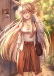  :d adjusting_hair bag bangs blonde_hair blurry blurry_background blush breasts cardigan casual cleavage collarbone commentary_request day eyebrows_visible_through_hair fate/grand_order fate_(series) hair_between_eyes handbag head_wings highres jewelry large_breasts long_hair mashu_003 open_cardigan open_clothes open_mouth outdoors red_eyes red_skirt shirt sidelocks signature skirt smile solo thrud_(fate/grand_order) twitter_username valkyrie_(fate/grand_order) very_long_hair white_cardigan white_shirt 