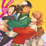  barnaby_brooks_jr belt blonde_hair brown_eyes brown_hair cabbie_hat dutch_angle facial_hair glasses green_eyes hat hug jacket kaburagi_kaede kaburagi_t_kotetsu labcoat multiple_boys necktie red_jacket saitou_(tiger_&amp;_bunny) short_hair shorts side_ponytail striped striped_legwear stubble studded_belt terasa_(yukimi) thighhighs tiger_&amp;_bunny vest waistcoat 