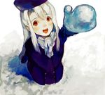  coat fate/stay_night fate_(series) hat illyasviel_von_einzbern long_hair mittens open_mouth perspective potatozoo purple_hat red_eyes scarf silver_hair snow solo white_hair winter_clothes 