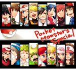  6+girls angry bandana bare_shoulders baseball_cap black_(pokemon) black_hair blonde_hair blue_(pokemon) blue_eyes brown_eyes brown_hair buttons closed_eyes column_lineup copyright_name crystal_(pokemon) diamond_(pokemon) earrings emerald_(pokemon) fang finger_to_mouth forehead_jewel glasses gold_(pokemon) green_eyes green_hair hair_ornament hat jewelry long_hair looking_at_viewer mitsuru_(pokemon) multiple_boys multiple_girls odamaki_sapphire one_eye_closed ookido_green open_mouth pearl_(pokemon) platinum_berlitz poke_ball poke_ball_(generic) pokemon pokemon_special red_(pokemon) red_eyes ruby_(pokemon) scarf shirou_(vista) sidelocks silver_(pokemon) smile straw_hat white_(pokemon) yellow_(pokemon) yellow_eyes 