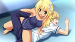  1girl blonde_hair breasts covered_navel flower game_cg green_eyes hair_flower hair_ornament long_hair love-bride_eve medium_breasts mutsumi_masato natsume_himawari on_floor one-piece_swimsuit open_mouth school_uniform submission_hold swimsuit tan wrestling 