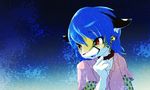  anthro blue_hair cheetah close-up clothed clothing collar feline girly hair looking_away male mammal markings open_mouth portrait red_eyes shirt solo spots urekemo 