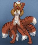  ajna blue_background blue_eyes canine cherry feline female fox hybrid multiple_tails nude plain_background solo standing stripes taijii tail texture_background tiger whipped_cream 