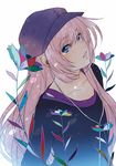  blue_eyes earphones flower hat long_hair megurine_luka oharu pink_hair solo tears vocaloid 