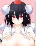  areolae bad_id bad_pixiv_id black_hair blush breast_suppress breasts breasts_apart colored_eyelashes fake_scrollbar hat highres kinsenka large_breasts looking_at_viewer open_clothes open_mouth open_shirt out-of-frame_censoring red_eyes shameimaru_aya shirt solo tokin_hat touhou 