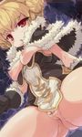  :o bad_id bad_pixiv_id blonde_hair blush bottomless breasts breasts_outside capelet censored double_bun fat_mons from_below fur_trim high_wizard looking_at_viewer medium_breasts nipples no_bra pointless_censoring pussy ragnarok_online red_eyes short_hair solo spread_legs tsuderou 