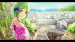  blue_eyes colored_eyelashes day digital_media_player from_behind green_hair gumi highres letterboxed looking_back no.734 outdoors scenery short_hair sky smile solo vocaloid 