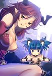  blue_hair breasts castanic_(tera) cleavage elin_(tera) horn mame-p medium_breasts multiple_girls pointy_ears red_hair small_breasts tera_online thighhighs 