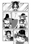  =_= ^_^ ascot blush_stickers bow carrying cheek_pull chibi closed_eyes comic detached_sleeves food frills fruit greyscale hair_bow hair_tubes hakurei_reimu hat hat_ribbon hinanawi_tenshi ichimi long_hair monochrome multiple_girls nagae_iku peach ribbon short_hair touhou translated 